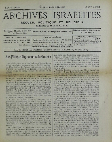 Archives israélites de France. Vol.76 N°19 (13 mai 1915)